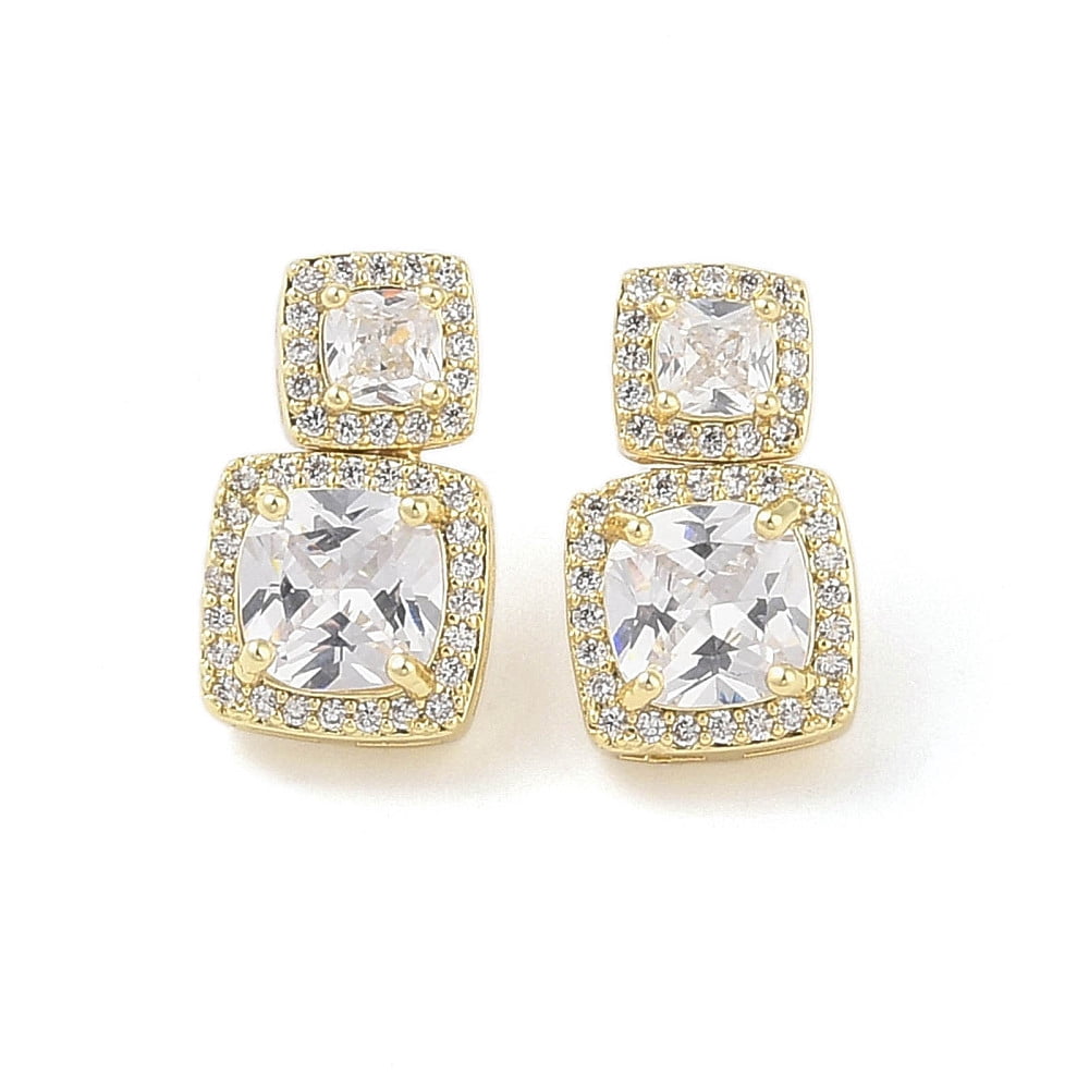 20pcs Square Brass Pave Clear Cubic Zirconia Stud Earrings with Glass for Women golden 17x10mm