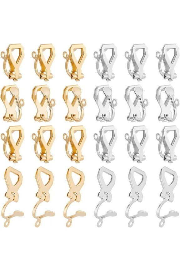 20pcs Stainless Steel Clip-on Earrings Painless Ear Clip Non-Pierced Ears Golden Stainless Steel Color Clip-on Earring Converter Components DIY Earring 12mm Long
