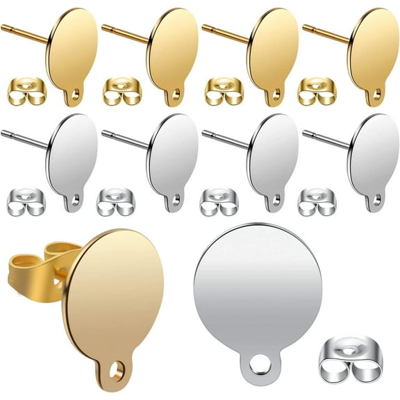 20pcs Stainless Steel Earrings Posts Flat Pad with Loop and 20pcs Butterfly Earring Backs for Earring Making,2 Colors