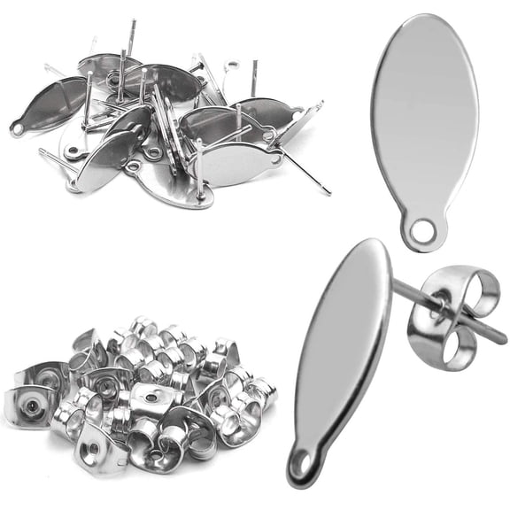 20pcs Stainless Steel Oval Studs Blank Post with Loop and 20pcs Butterfly Backs - Stud Earring Findings for Making