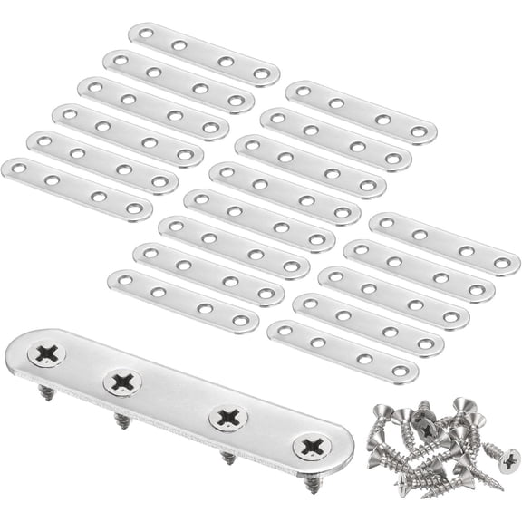 20pcs Straight Bracket 3" x 0.6" Stainless Steel Flat Fixing Brackets Mending Plate Corner Brace Connector with 80 Screws for Wood Board Bed Frame Furniture Shelves, Silver