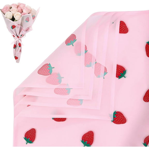 20pcs Strawberry Translucent Flower Wrapping Paper, Waterproof Floral Gift Wrap Sheets for Bouquets, Birthdays, Weddings, Graduation Decorations (Pink)