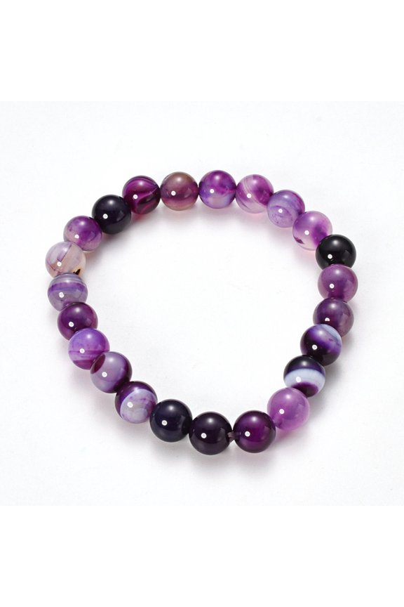 20pcs Striped Agate/Banded Agate Beaded Stretch Bracelets Dyed Round Purple 2-1/8 inch(55mm)