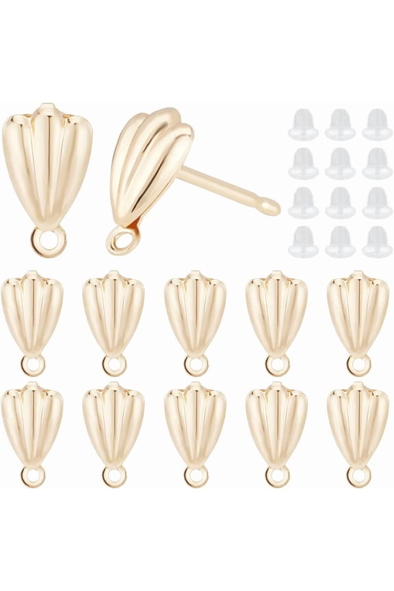 20pcs Stud Earring 14K Gold Plated Earring Post Shell Shape Earrings Ear Piercing Plugs 0.8mm Pin Earring Components with 20pcs Ear Nut