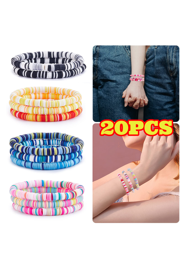 20pcs Surfer Heishi Clay Bead Bracelets for Women, Bohemian Stackable Stretch Beaded Bracelets Set Polymer Clay Bracelets Friendship Bracelets
