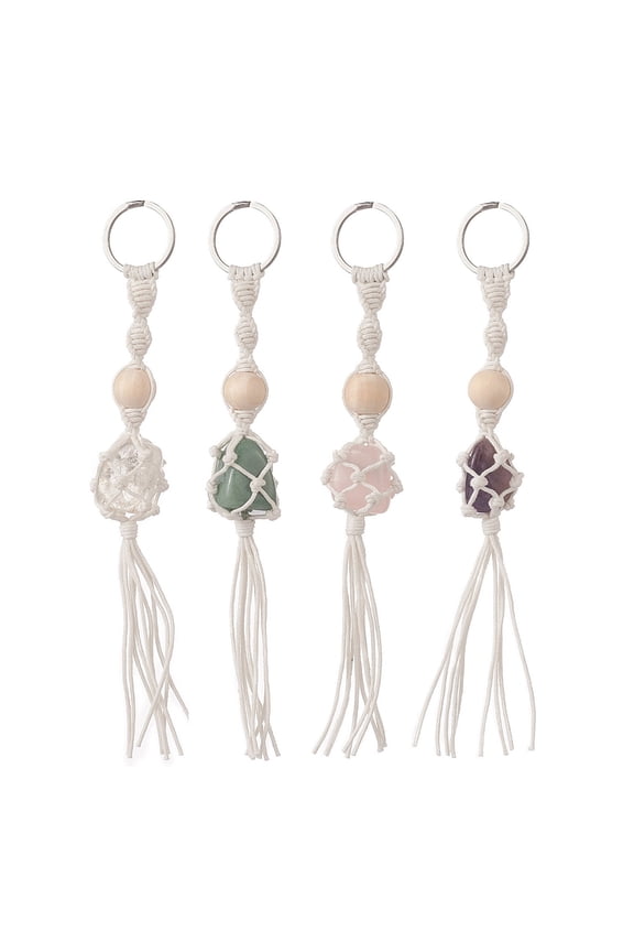 20pcs Thread Macrame Pouch Tassel Keychain with Wood Bead and 304 Stainless Steel Split Key Rings 17.6~17.9cm