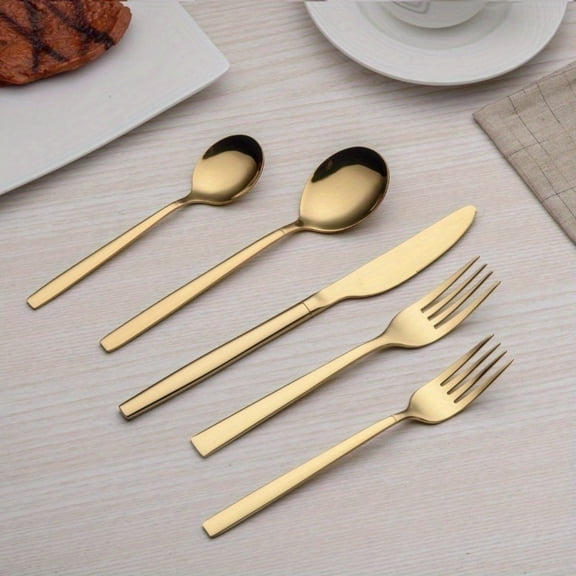 20pcs Titanium Gold Plated Stainless Steel Flatware Set, 20pcs Golden Silverware Set, Golden Cutlery Set, Elegant Stainless Steel Knife and Fork Spoon, Dishwasher Safe, Service for 4 shiny Gold