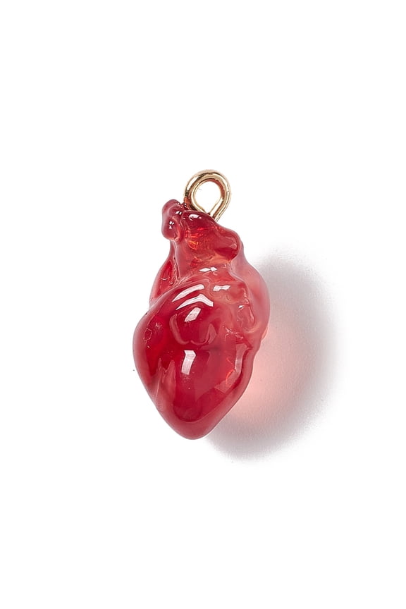 20pcs Transparent Resin Pendants Anatomical Heart with Golden Iron Loops Indian Red 20.5~21.5x11.5x11mm Hole: 2mm