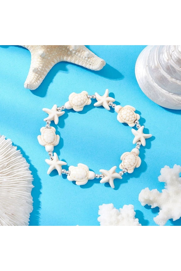 20pcs Turquoise Beaded Stretch Bracelets for Men Women Turtle & Starfish with Electroplate Non-magnetic Hematite Beads Floral White