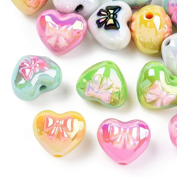 20pcs UV Plated Acrylic Beads Iridescent Heart with Bowknot Mixed color 15x17.5x14.5mm Hole: 2.2mm