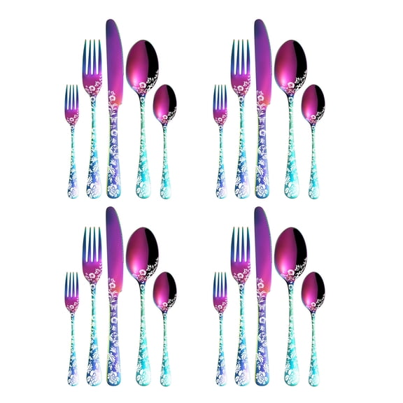 20pcs Unique Floral Dinnerware Set Stainless Steel Cutlery Set Fork Spoon Tableware Set Silverware Flatware Set