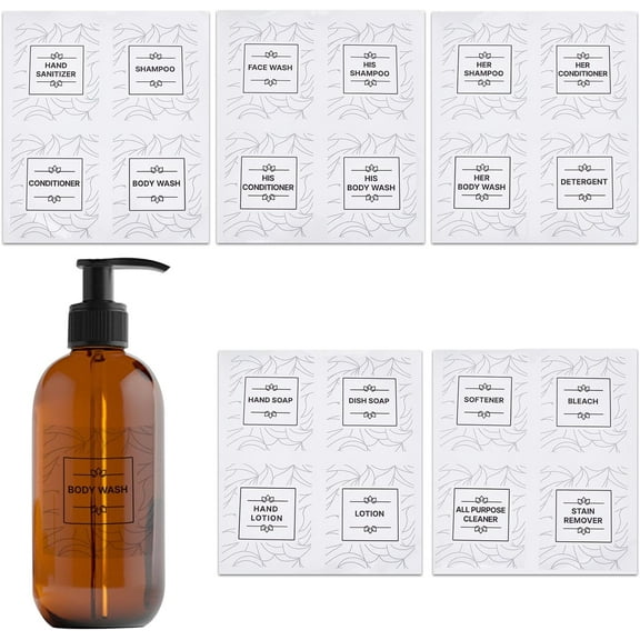 20pcs Waterproof Bottle Label Stickers Removable Bathroom Label PVC Adhesive Clear Stickers Grass Bathroom Sorting Storage Rectangle with Word Shampoo Dispenser for Kitchen Mixed Color