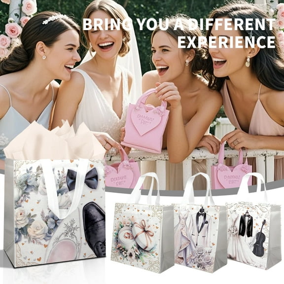 20pcs Wedding Guest Gift Bags, Luxury Non-Woven Tote Bags, featuring elegant bride and groom wedding print designs, suitable for American wedding celebrations.