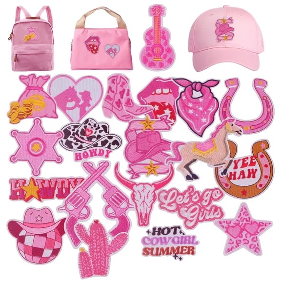 20pcs Western Cowgirl Iron on Patches Pink Series Preppy Embroidered Sew on Applique Repair Patch for DIY Craft Aesthetic Accessories,Women Clothing Backpacks Hats Jackets Jeans Decor