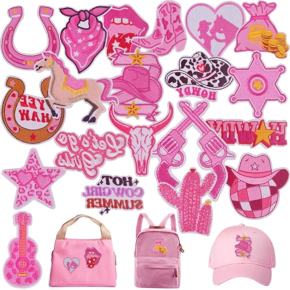 20pcs Western Cowgirl Iron on Patches Pink Series Preppy Embroidered Sew on Applique Repair Patch DIY Craft for Women Clothing Backpacks Hats Jackets Jeans Decor