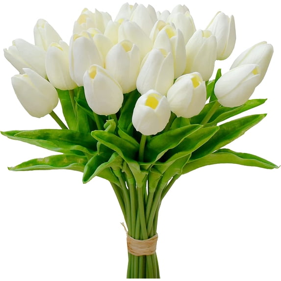 20pcs White Flowers Artificial Tulip Silk Fake Flowers 13.5" for Mother's Day Easter Valentine’s Day Gifts in Bulk Home Kitchen Wedding Decorations