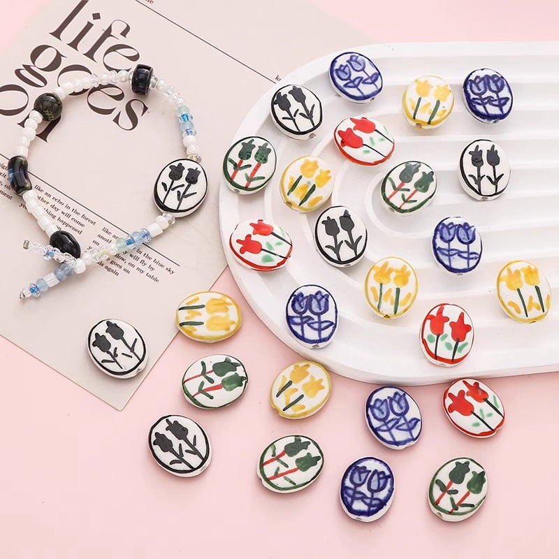 AcriJoy Floral Ceramic Colorful Flower Beads for DIY Jewelry Making, 20 Pcs