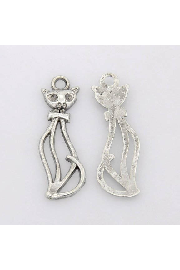 20pcs style Alloy Kitten Pendants Hollow Cat Shape Antique Silver Lead Free and Cadmium Free 34x12x2mm Hole: 3mm