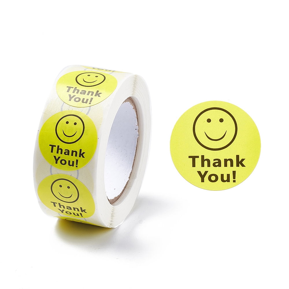 20rolls Paper Thank You Gift Sticker rolls Round Dot Decals for Scrapbooking Craft Smiling Face/Flower/Heart PatternPattern Yellow 25mm 500pcs/roll