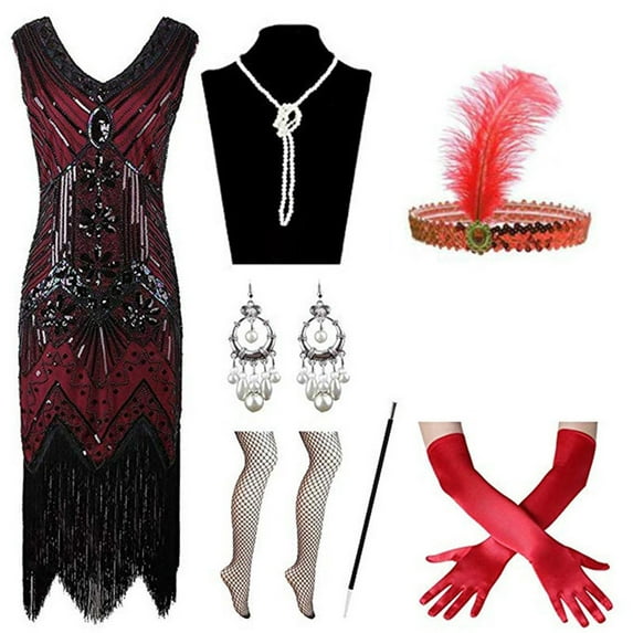 20s Flapper Gatsby Sequin Beaded Evening Cocktail Dress with Accessories Set