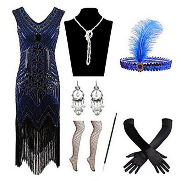 20s Flapper Gatsby Sequin Beaded Evening Cocktail Dress with Accessories Set