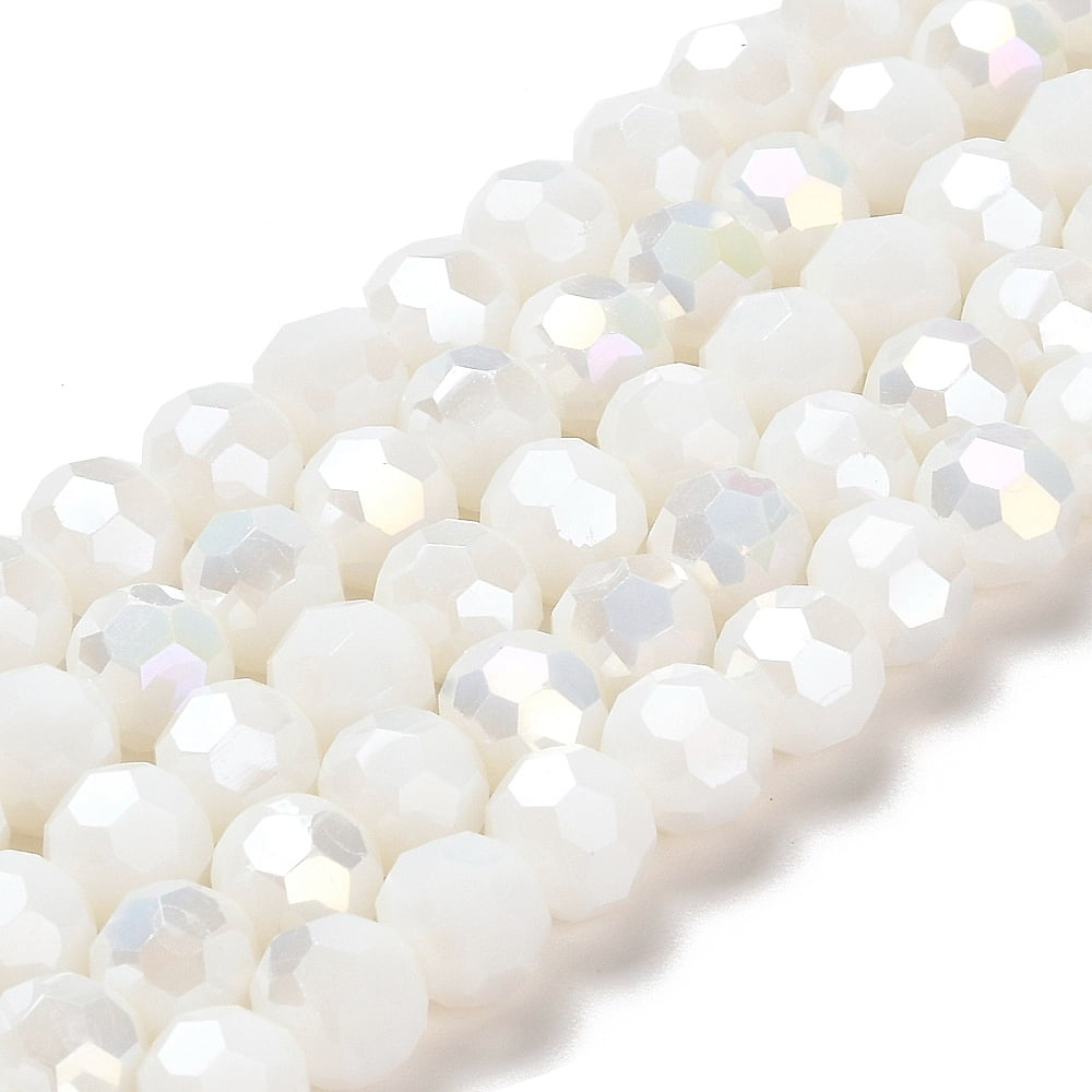 20strands Opaque Glass Beads Stands AB color Faceted(32 Facets) Round White 8x7~7.5mm Hole: 1.5mm about 66pcs/strand 18.82~19.06 inch(47.8~48.4cm)