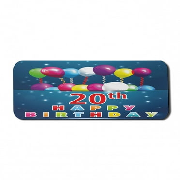 20th Birthday Computer Mouse Pad, 20 Birthday Party with Colorful Balloons on the Blue Backdrop Print, Rectangle Non-Slip Rubber Mousepad Large, 31" x 12" Gaming Size, Multicolor, by Ambesonne