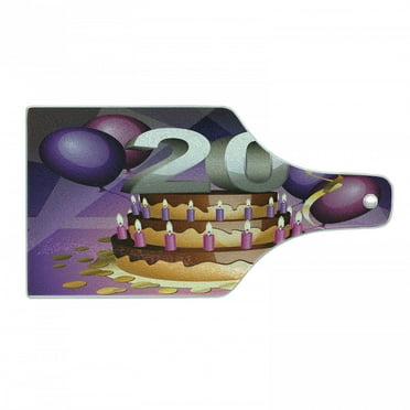 20th Birthday Cutting Board, Cartoon Style Illustraion of a Birthday Cake Chocolate Frosting and Candles, Tempered Glass Cutting and Serving Board, Wine Bottle Shape, Multicolor, by Ambesonne