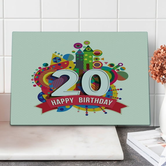 20th Birthday Cutting Board, Geometric Shapes Design with Castle Circles on Backdrop 20 Theme Image, Decorative Tempered Glass Cutting and Serving Board, Large Size, Multicolor, by Ambesonne