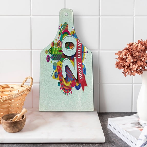 20th Birthday Cutting Board, Geometric Shapes Design with Castle Circles on Backdrop 20 Theme Image, Decorative Tempered Glass Cutting and Serving Board, Wine Bottle Shape, Multicolor, by Ambesonne