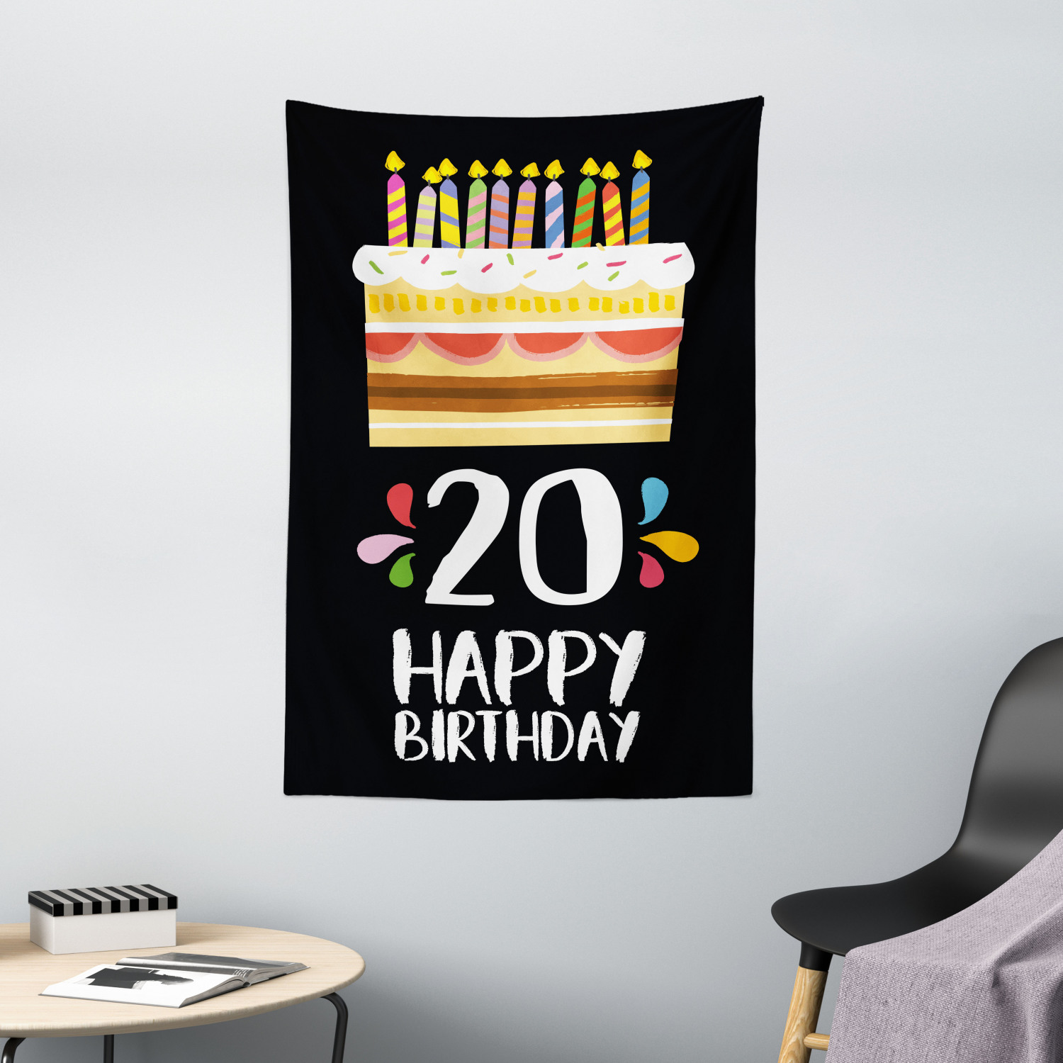 20th Birthday Decorations Tapestry, Vintage Cartoon Style Party Cake ...