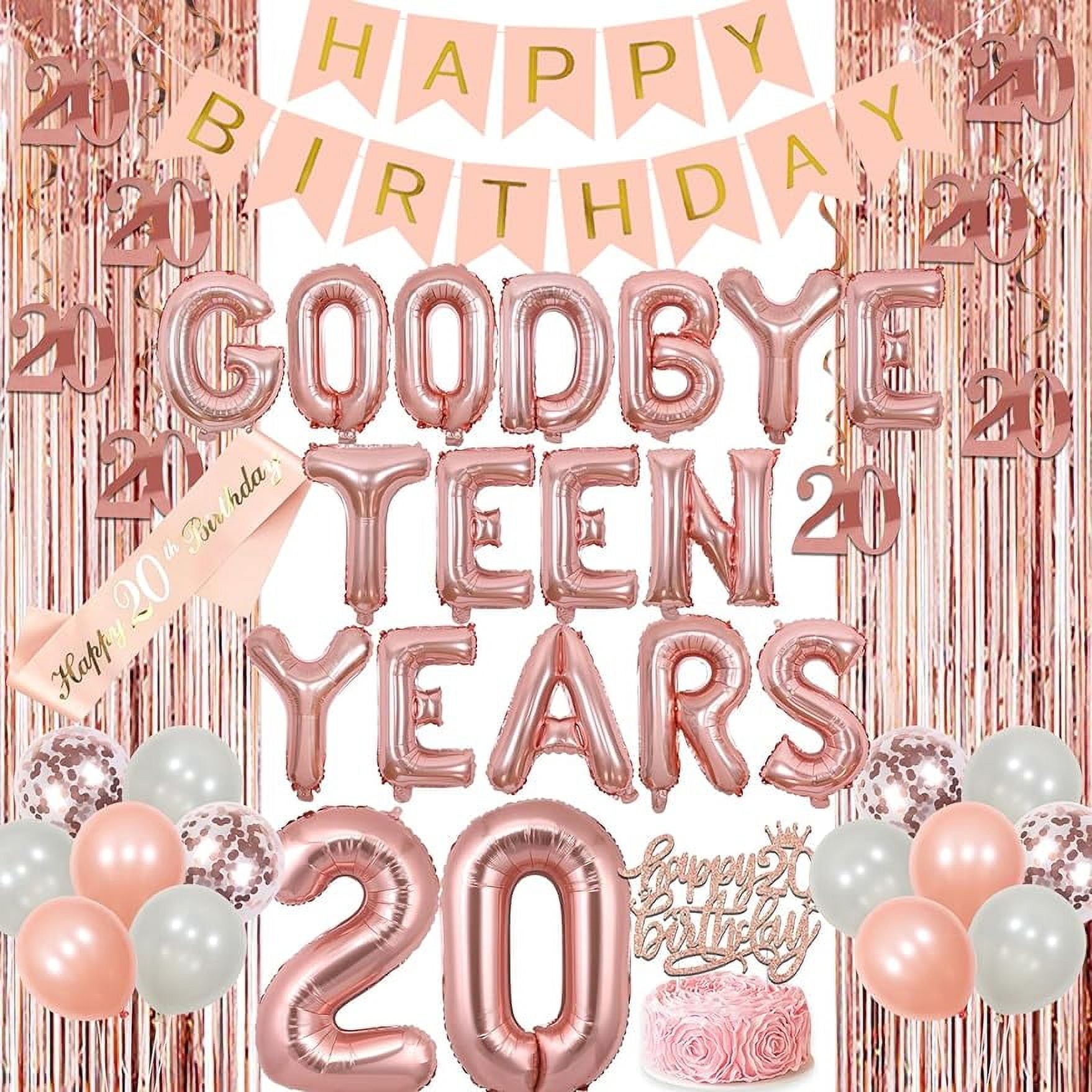 20th Birthday Decorations for Woman Rose Gold Goodbye Teen Years Balloon Banner Happy 20th Birthday Decorations with Happy Birthday Banner Number 20 Foil Balloon Hanging Swirls Sash
