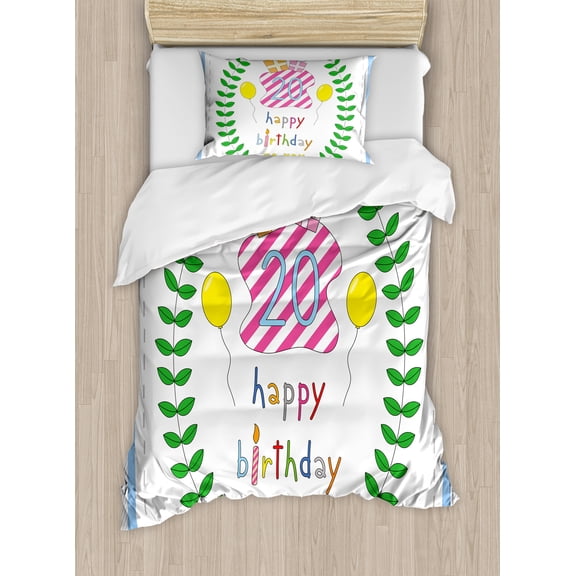 20th Birthday Duvet Cover Set, 20 Surprise Party Theme with Balloons Branches and Boxes, Decorative 2 Piece Bedding Set with 1 Pillow Shams, Twin Size, Green Blue and Pink, by Ambesonne