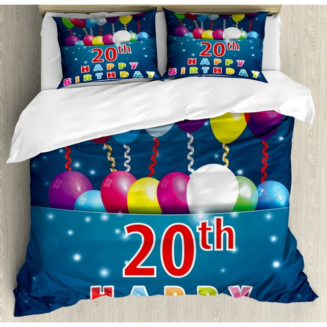 20th Birthday Duvet Cover Set King Size, Sweet 20 Birthday Party with Colorful Balloons on the Blue Backdrop Print, Decorative 3 Piece Bedding Set with 2 Pillow Shams, Multicolor, by Ambesonne