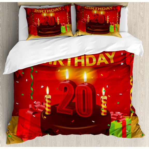 20th Birthday Duvet Cover Set Queen Size, Happy Birthday Party Curtains Boxes and Flags on the Red Colored Backdrop, Decorative 3 Piece Bedding Set with 2 Pillow Shams, Multicolor, by Ambesonne