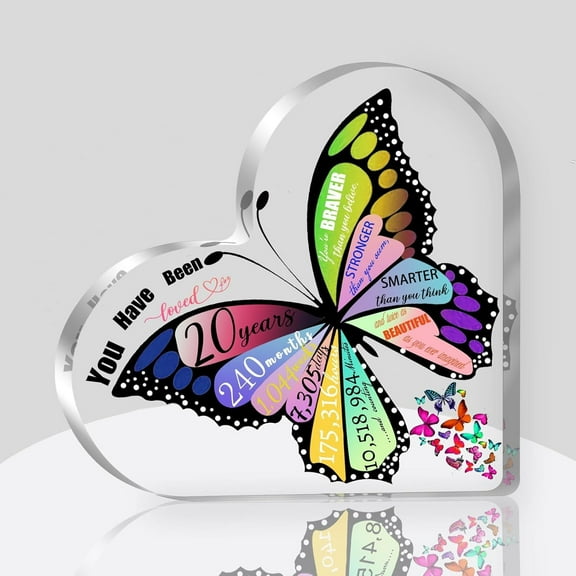 20th Birthday Gift for Women, Acrylic Heart Keepsake for 20 Year Old, Butterfly Desk Sign for Her Daughter Girlfriend Birthday Anniversary Decor, 4x4 Inch