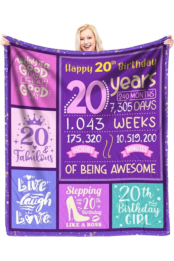 20th Birthday Gifts for Women - 20th Birthday Decorations - Gift for 20 Year Old Female - Happy 20th Birthday Decorations - 20 Year Old Birthday Gifts for Her Flannel Throw Blanket 60 x 50 Inch