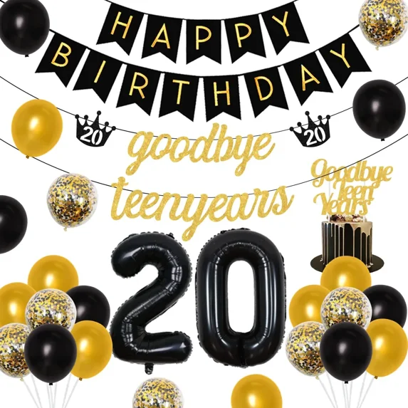 20th Birthday Party Decorations Black Gold for Boys Girls - Goodbye Teen Years Glitter Banner Cake Topper Number 20 Foil Balloon Happy Birthday Banner Latex Balloons for 20 Years Old Birthday