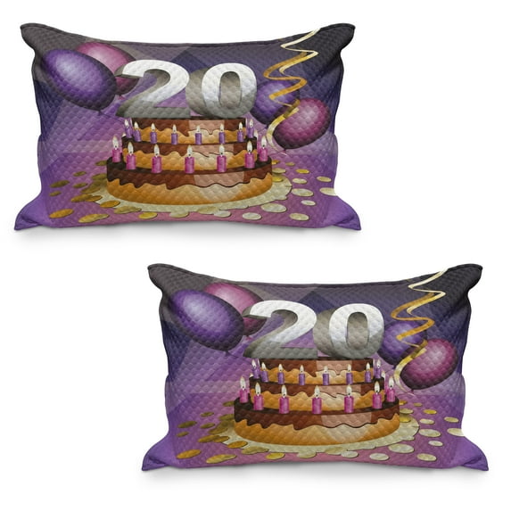 20th Birthday Quilted Pillowcover Set of 2, Cartoon Style Illustraion of a Birthday Cake Chocolate Frosting and Candles, Standard Queen Size Pillow Cover Bedroom, 30" x 20", Multicolor, by Ambesonne