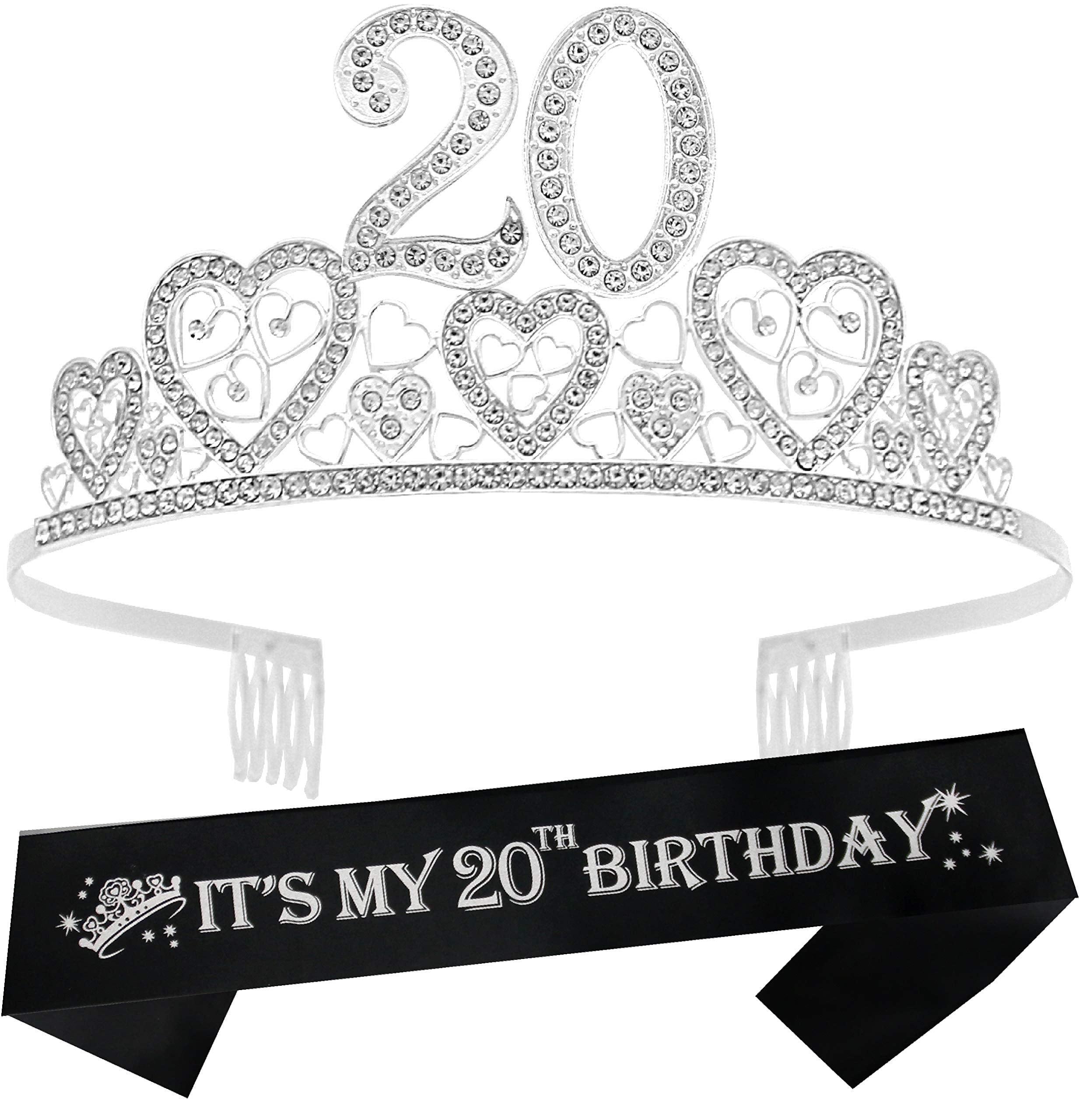 20th Birthday Sash and Tiara for Women - Fabulous Set: Glitter Sash + Hearts Rhinestone Silver Premium Metal Tiara for Women, 20th Birthday Gifts for 20th Birthday Party