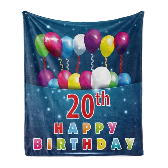 20th Birthday Soft Flannel Fleece Throw Blanket, 20 Birthday Party with Colorful Balloons on the Blue Backdrop Print, Cozy Plush for Indoor and Outdoor Use, 70" x 90", Multicolor, by Ambesonne