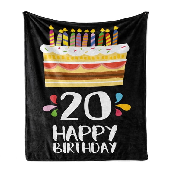 20th Birthday Soft Flannel Fleece Throw Blanket, Vintage Cartoon Style Delicious Looking Party Cake with Candles on Black, Cozy Plush for Indoor and Outdoor Use, 50" x 60", Multicolor, by Ambesonne