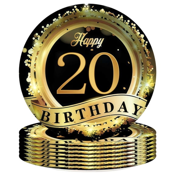 20th Black Gold Glitter Theme Plates Birthday Decorations Party Supplies Tableware Disposable Dinnerware 8pcs