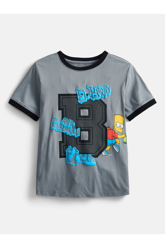 20th Century Fox Bart Simpson Boys Puff Print Ringer T-Shirt with Short Sleeves, Sizes XS 4/5-XXL 18/20