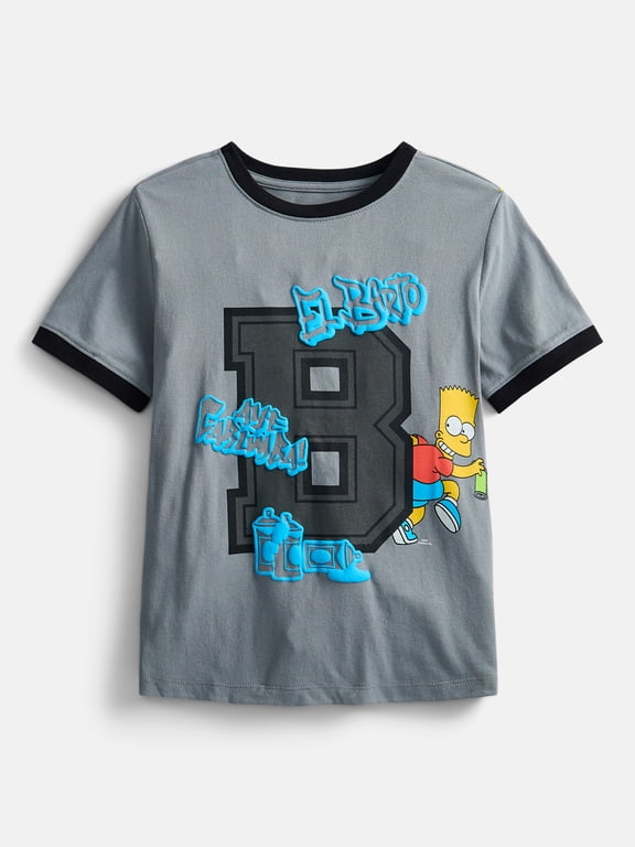 20th Century Fox Bart Simpson Boys Puff Print Ringer T-Shirt with Short Sleeves, Sizes XS 4/5-XXL 18/20