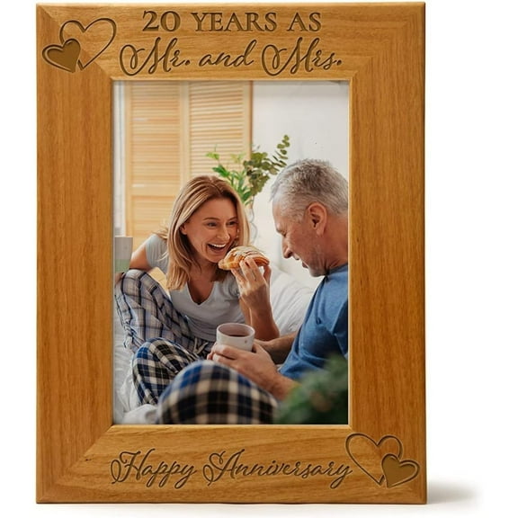 Our 20th Wedding Anniversary Picture Frame - 20 Year Anniversary, 20 Year of Marriage, Engraved Natural Wood Photo Frame Fits a 5x7 Vertical Portrait, or Hanging Wedding Picture Frame