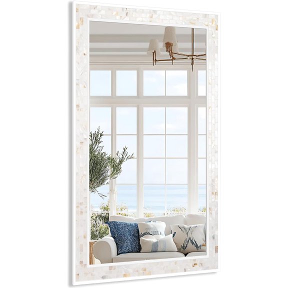 20x 28 Inch Rectangle Wall Mirror, Natural Shell Framed Rectangular Mirror for Bathroom, Vanity, Bedroom, Living Room, Entryway, Wall Mounted Horizontal or Vertical, White