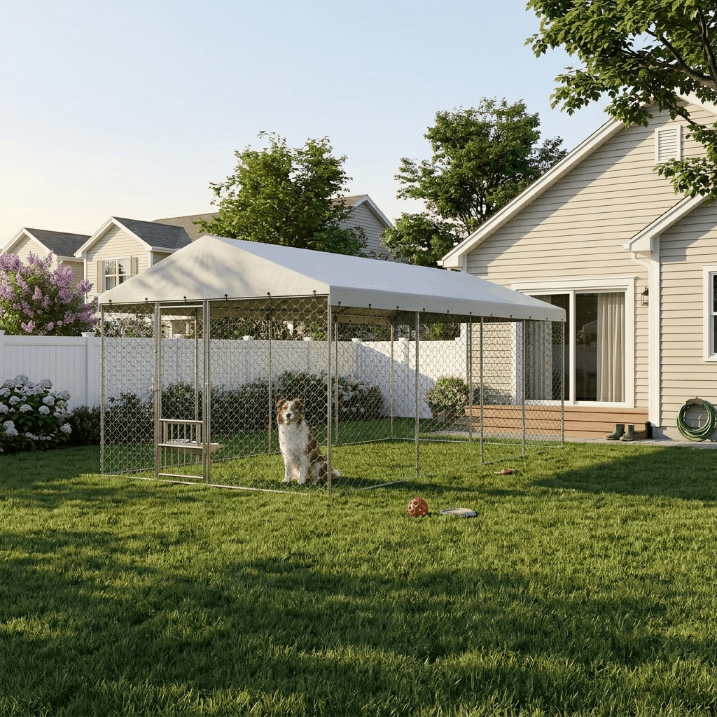 20x10 FT Large Outdoor Dog Kennel with Canopy,Heavy Duty Galvanized Steel,Waterproof Cover,Elevated Feeding Bowls,Escape-Proof Lockable Playpen for Large Dogs & Multiple Pets