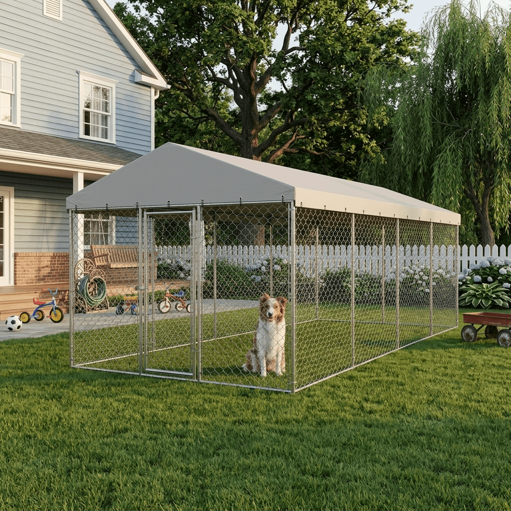 20x10 FT Large Outdoor Dog Kennel with Canopy,Heavy Duty Galvanized Steel,Waterproof Cover,Escape-Proof Lockable Playpen for Large Dogs & Multiple Pets