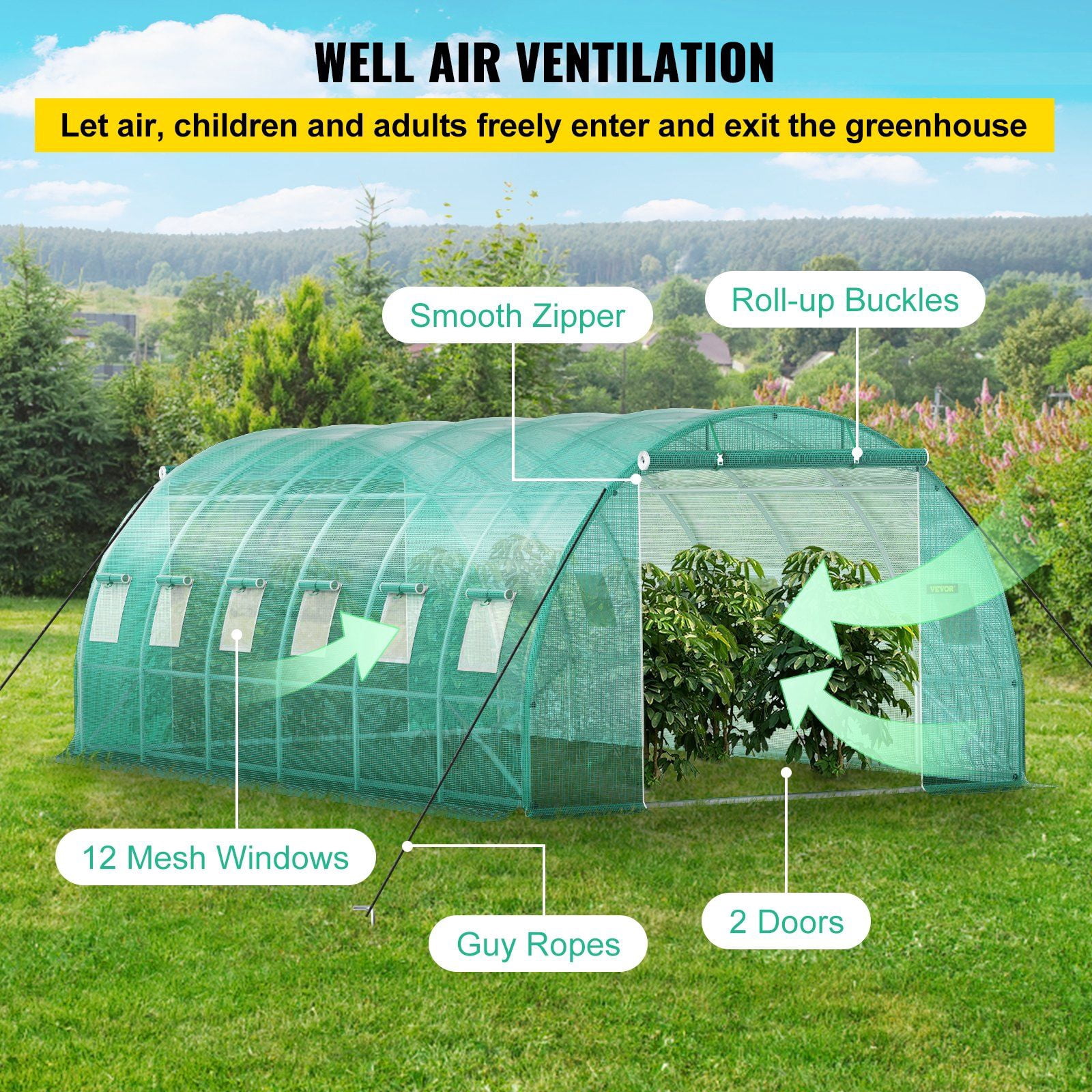 20x10 ft Walk-in Greenhouse with Galvanized Steel Frame, 3 Top Beams & 12 Roll-up Windows – Portable Plant Hot House for Outdoor Gardening